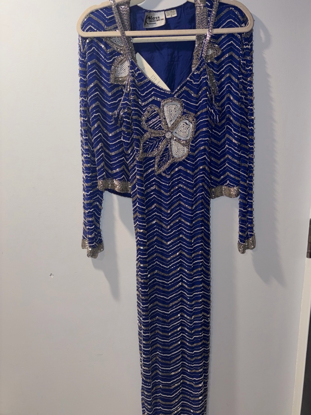 Vintage Silk Slip Dress Matching Jacket Bead Sequins Pearls Hand Work Silk Blue